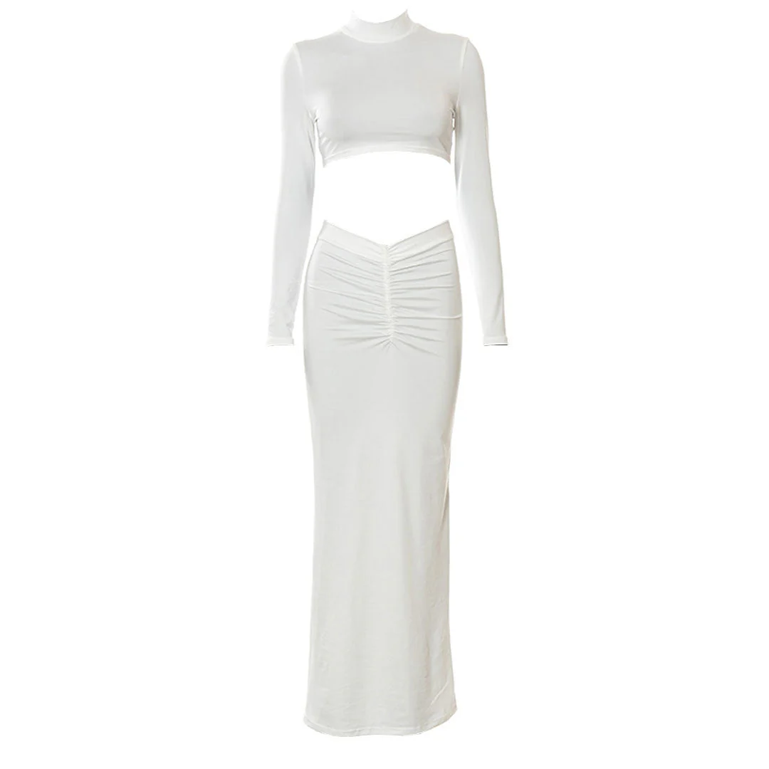 High Neck Long Sleeve Crop Top Ruched Maxi Skirt Matching Set - White - Image 3