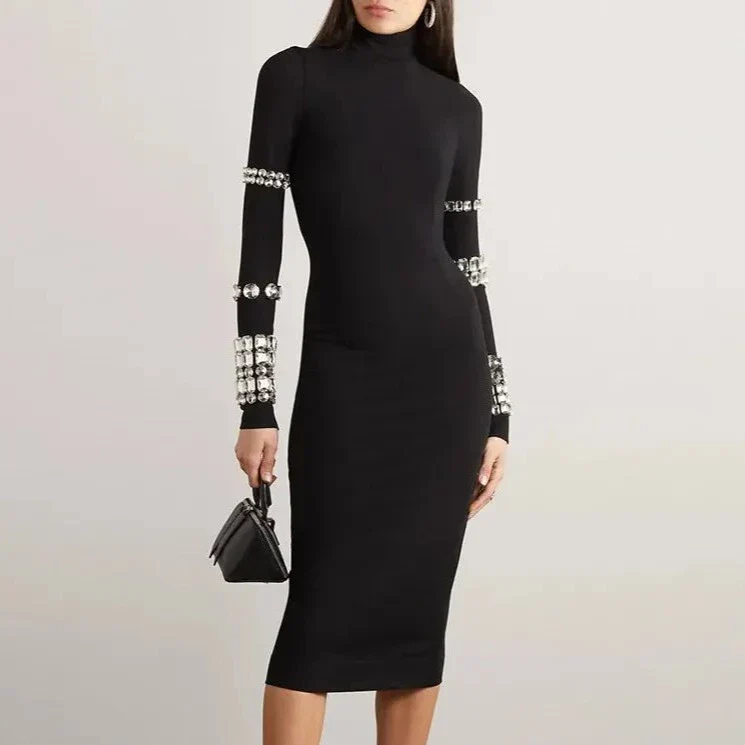 Black HIGH NECK MIDI Dress with RHINESTONES - Image 6