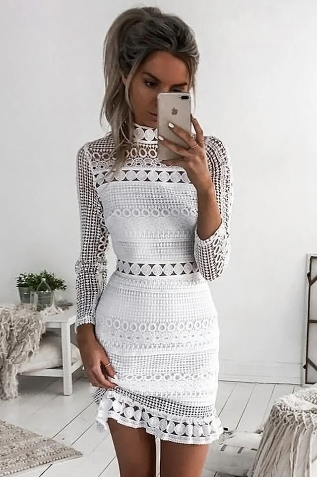 High Neck Short Tight White Lace Dress - Image 3