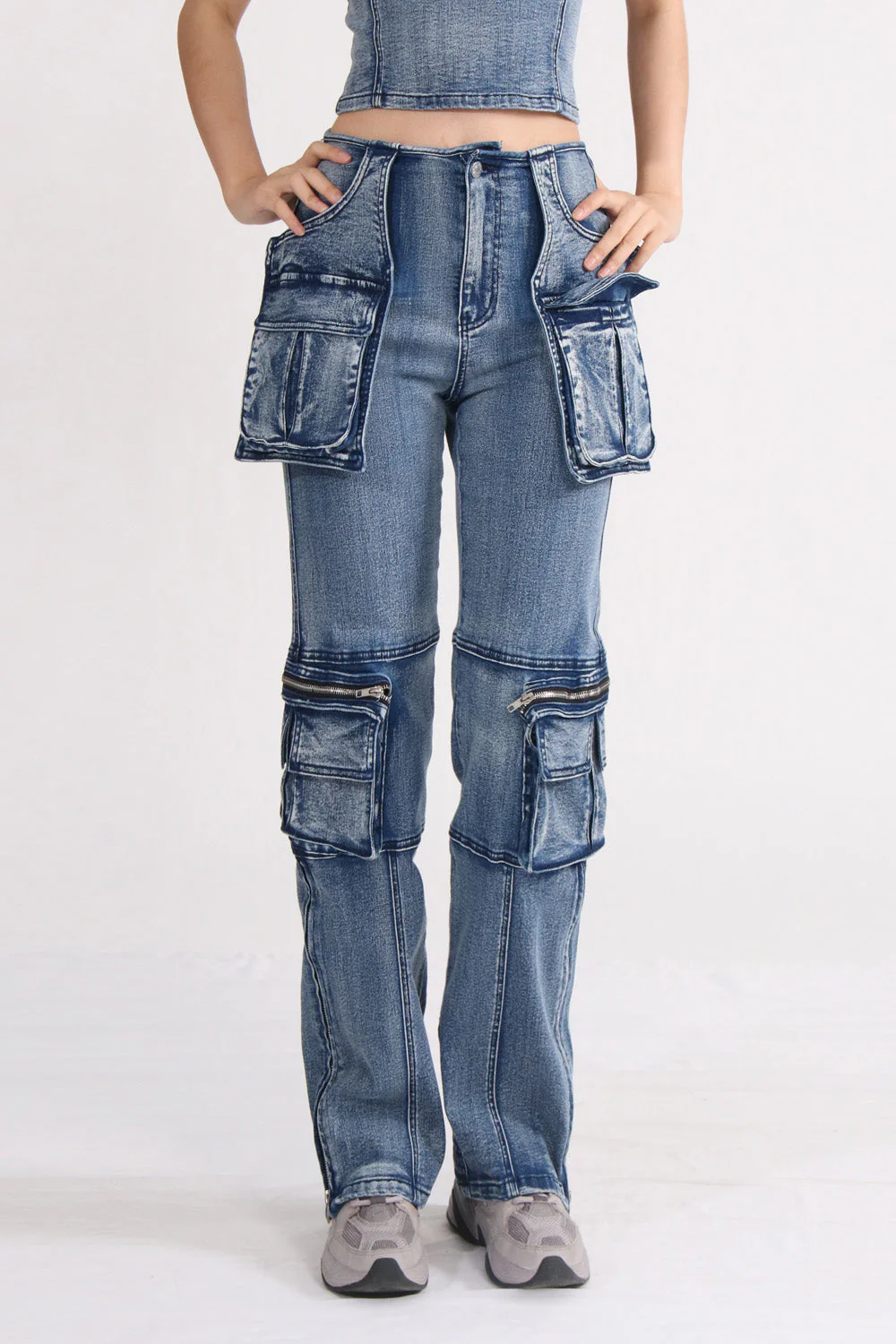 High-Rise Cargo Jeans - Blue - Image 2