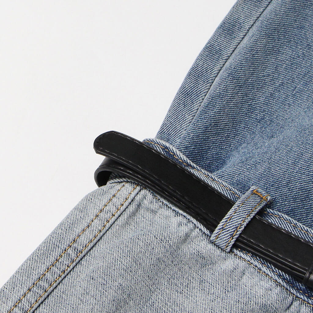 High Street High Waist Contrast Blue Belted Turn-up Straight Leg Hybrid Jeans - Image 5