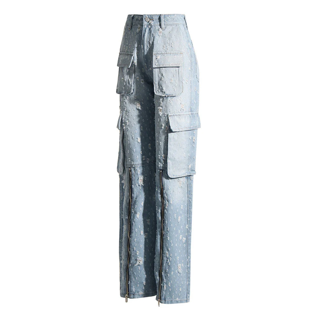 High Street Ripped Cargo Pocket Zipper High Waist Straight Leg Denim Jeans - Image 2