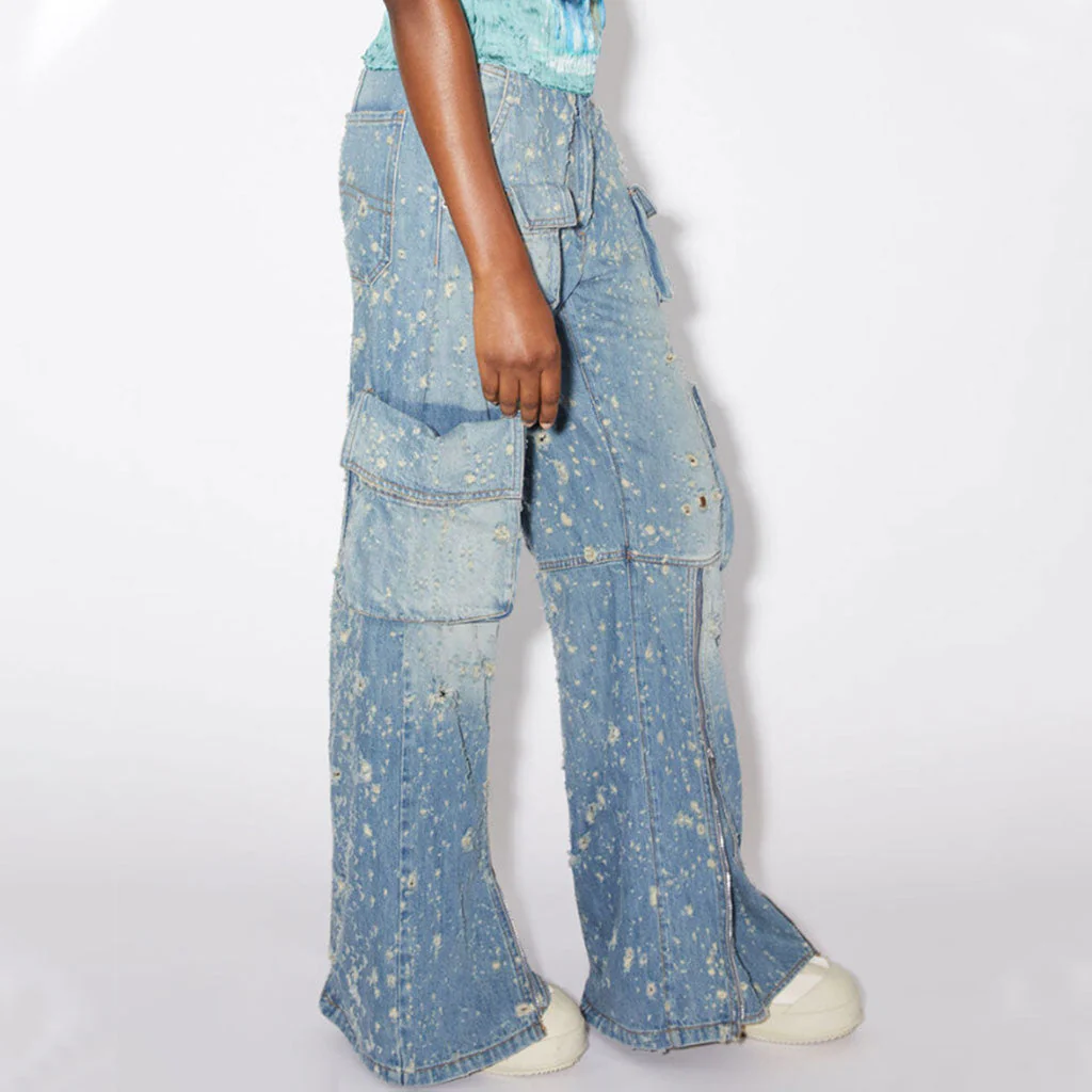 High Street Ripped Cargo Pocket Zipper High Waist Straight Leg Denim Jeans - Image 4