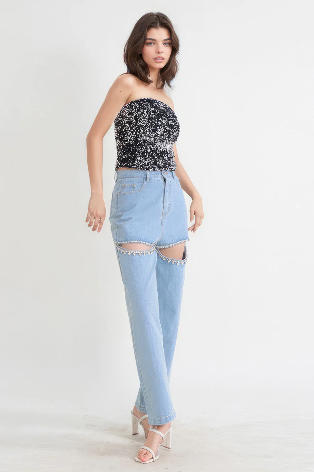 High Waisted Jeans with Cut Outs - Blue - Image 2