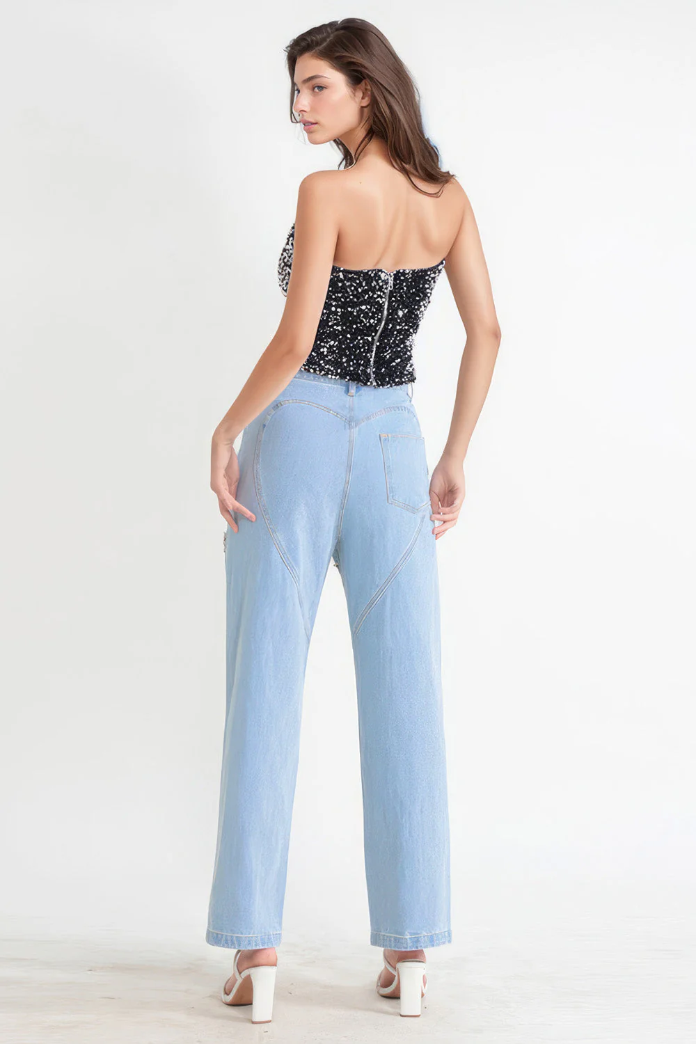 High Waisted Jeans with Cut Outs - Blue - Image 3