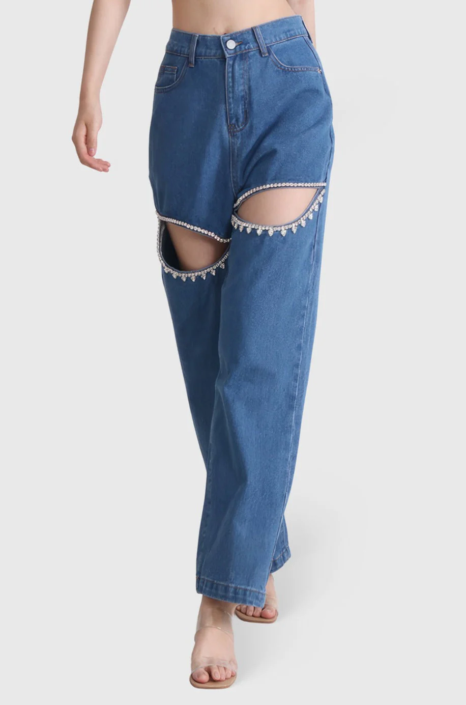 High Waisted Jeans with Cut Outs - Dark Blue - Image 3