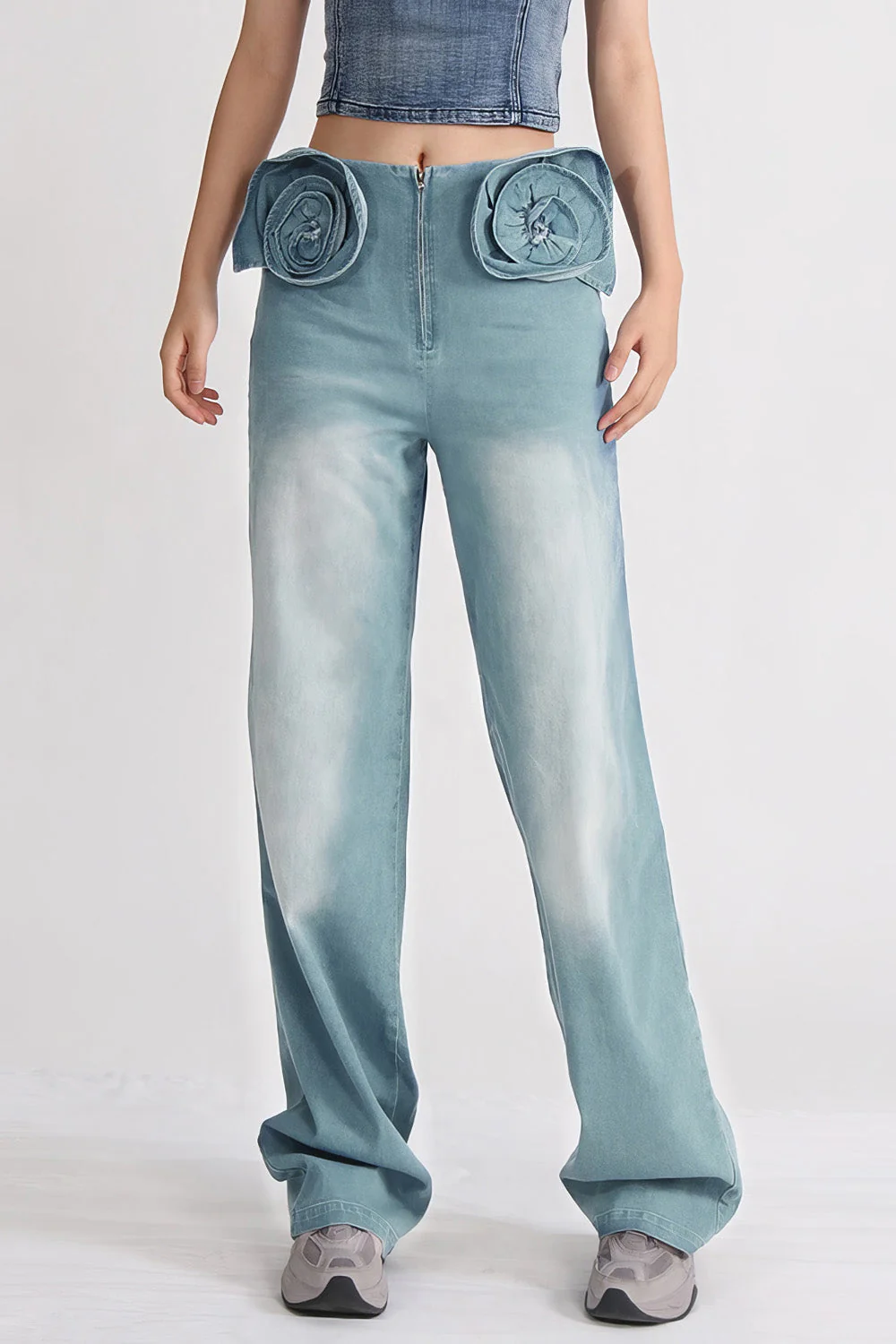 High Waisted Jeans with Flowers Attached - Blue - Image 2