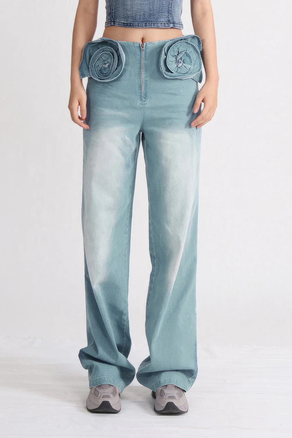 High Waisted Jeans with Flowers Attached - Blue - Image 3