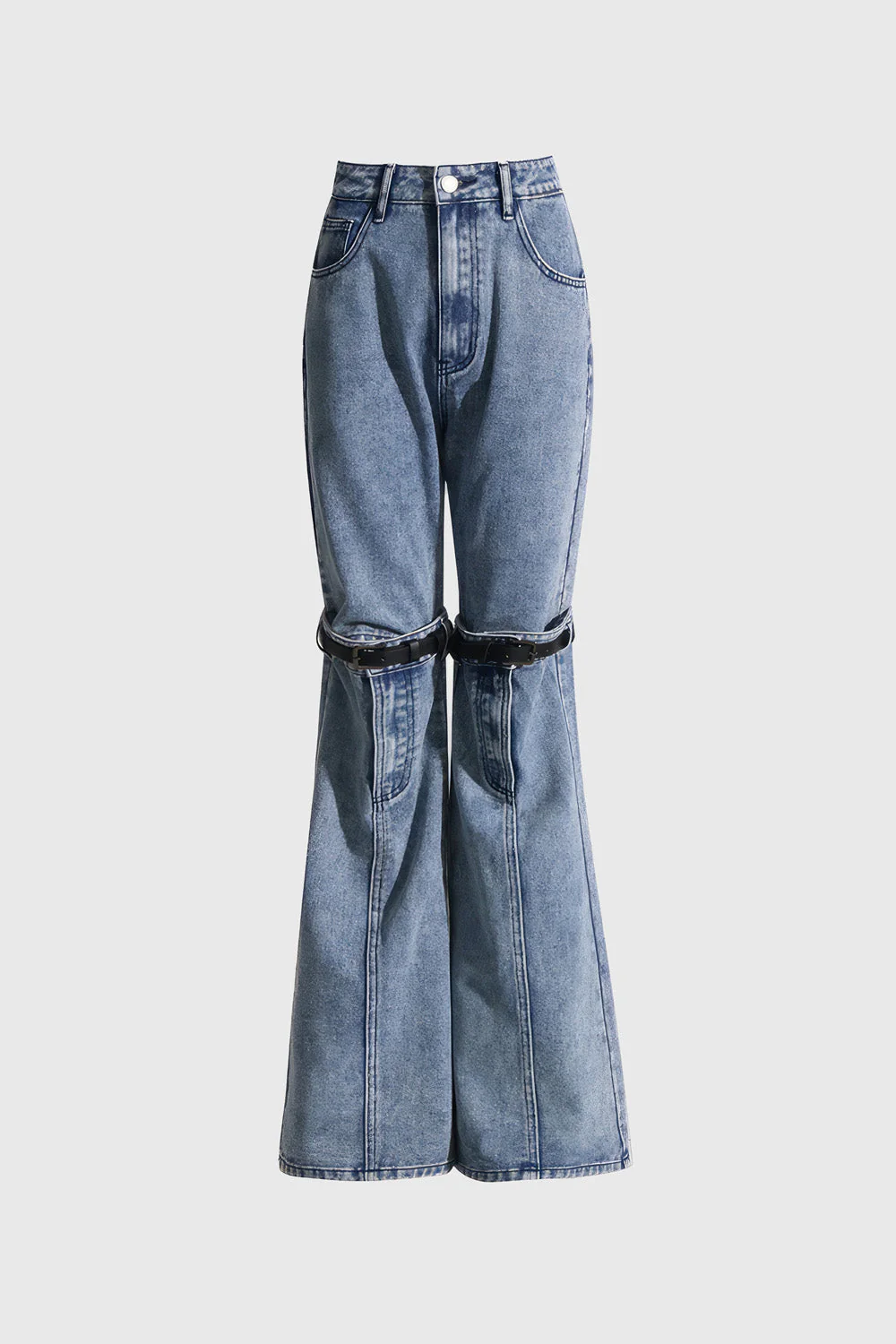 High Waisted Jeans with Knee Cuts - Blue - Image 3