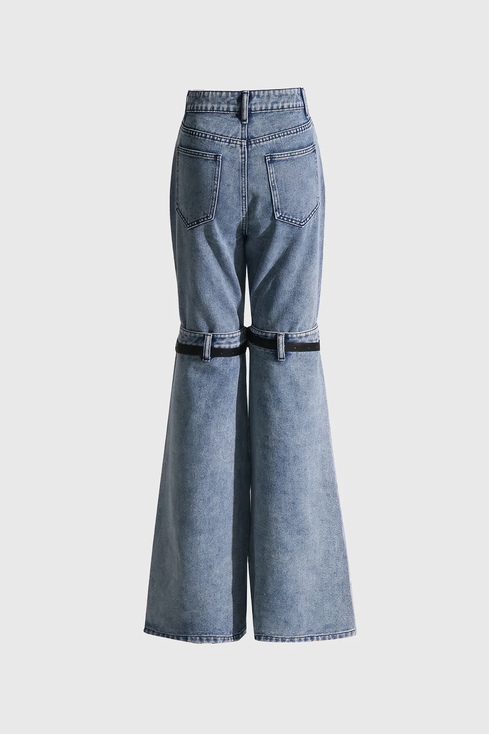 High Waisted Jeans with Knee Cuts - Blue - Image 4