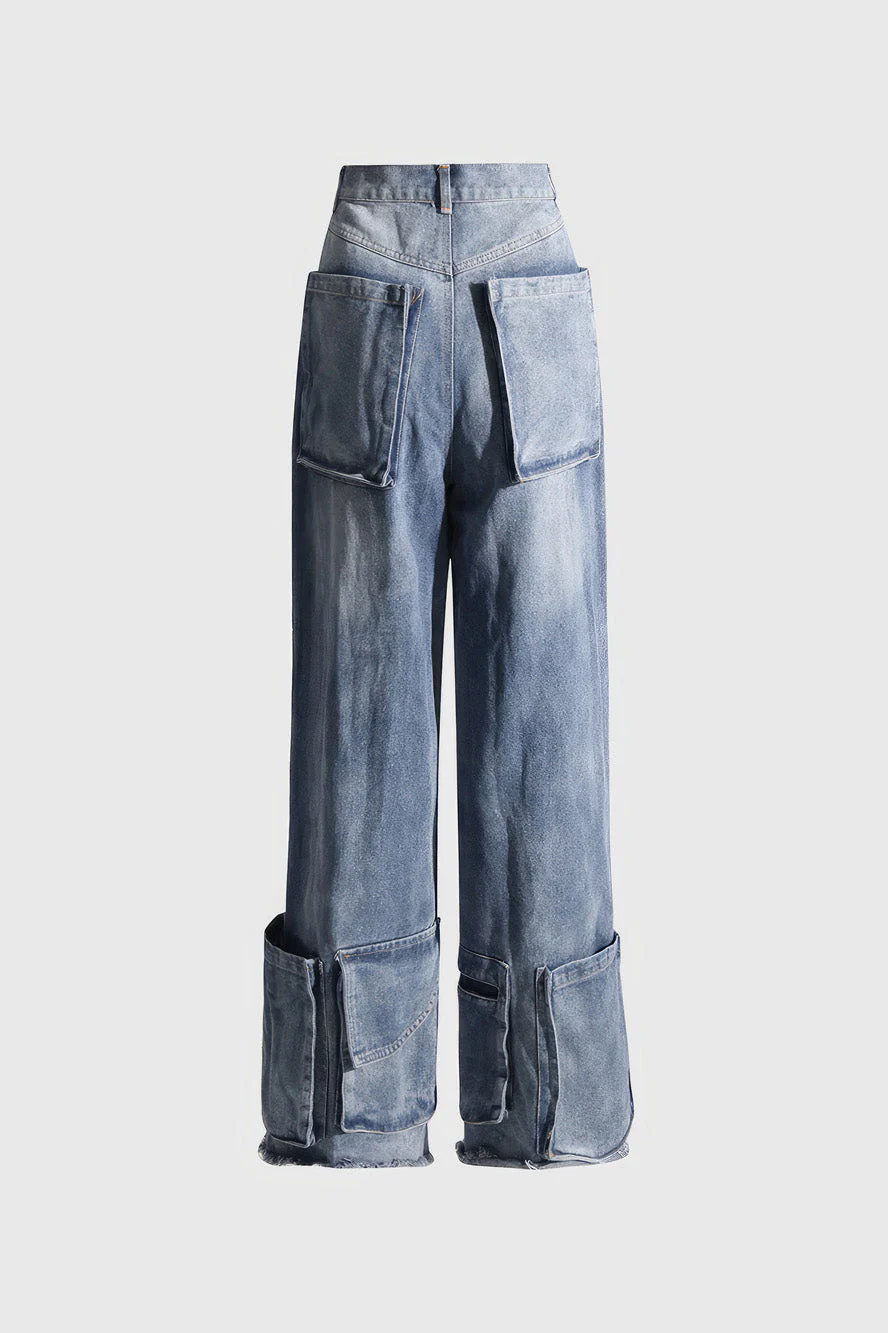 High Waisted Jeans with Pockets at Hem - Blue - Image 3