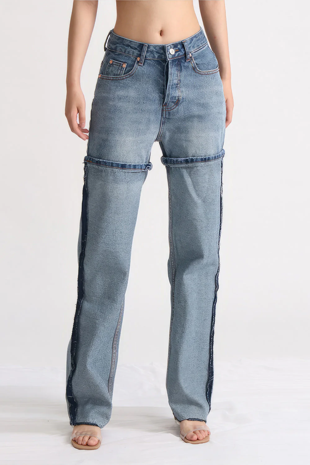 High Waisted Jeans with Stitching Details - Blue - Image 2