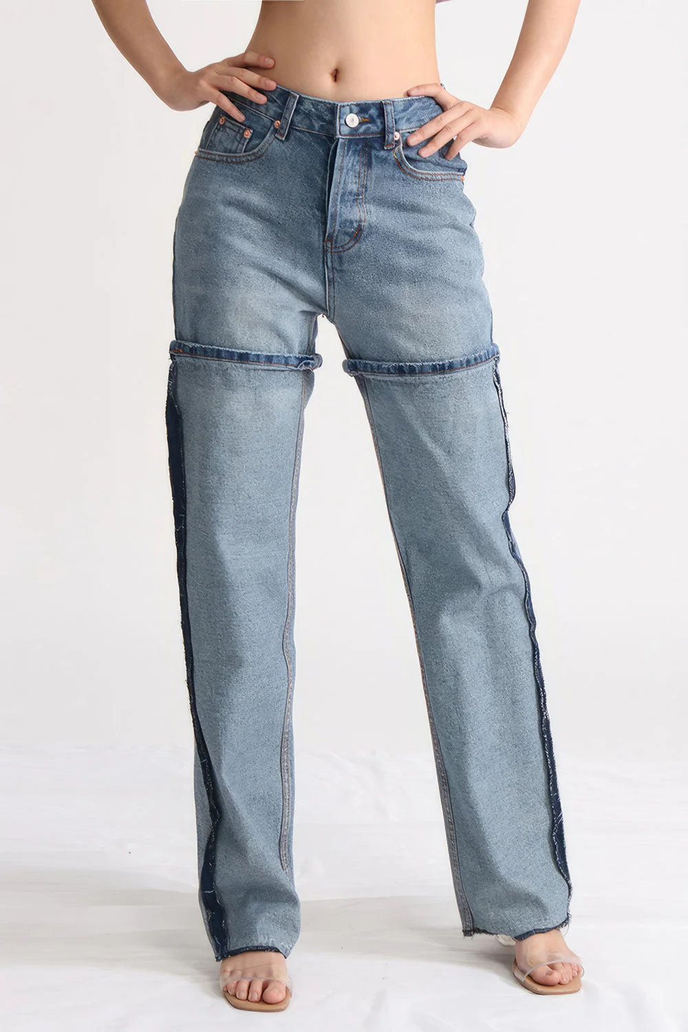 High Waisted Jeans with Stitching Details - Blue - Image 3
