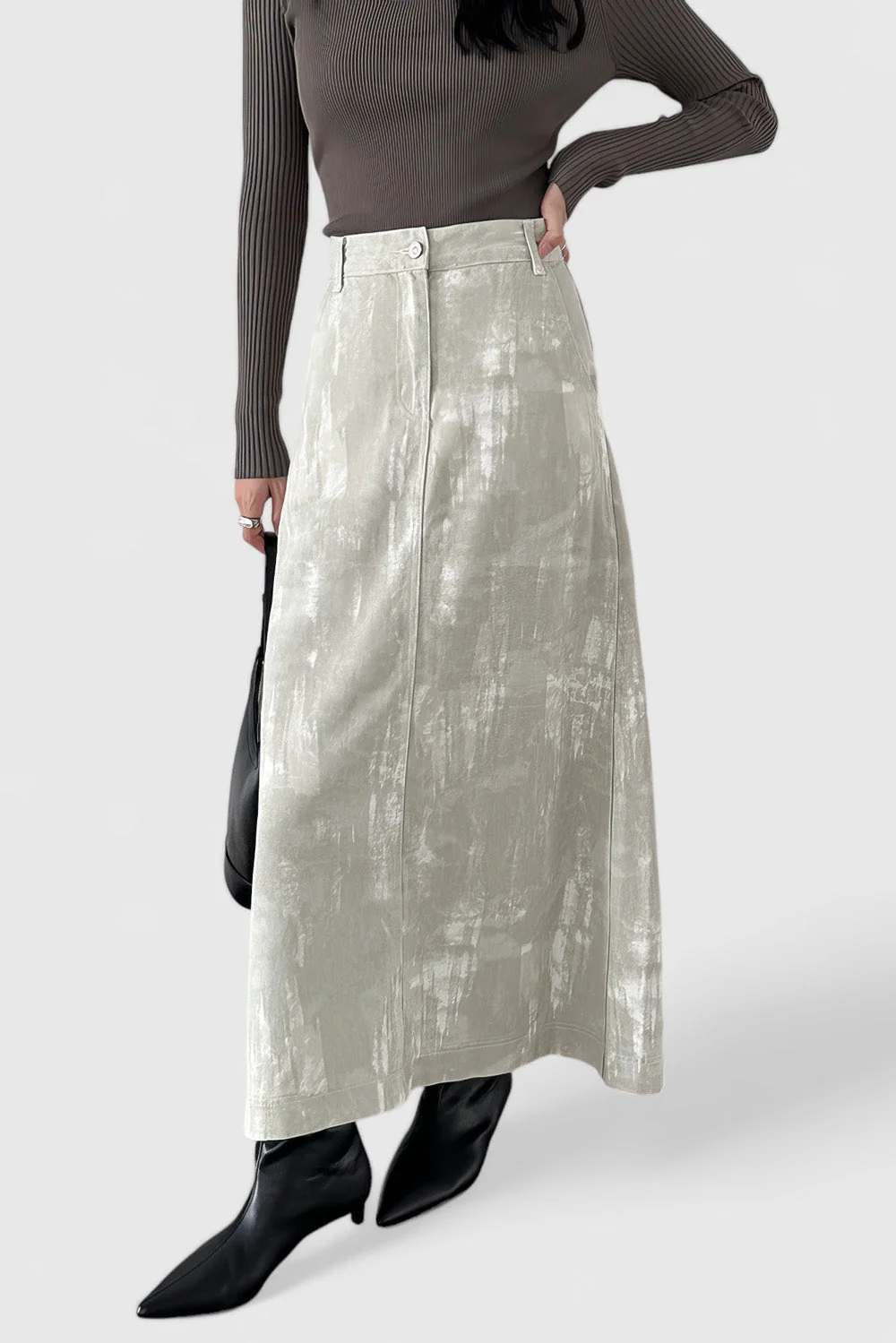 High Waisted Midi Skirt in Patterned Fabric - Grey - Image 3