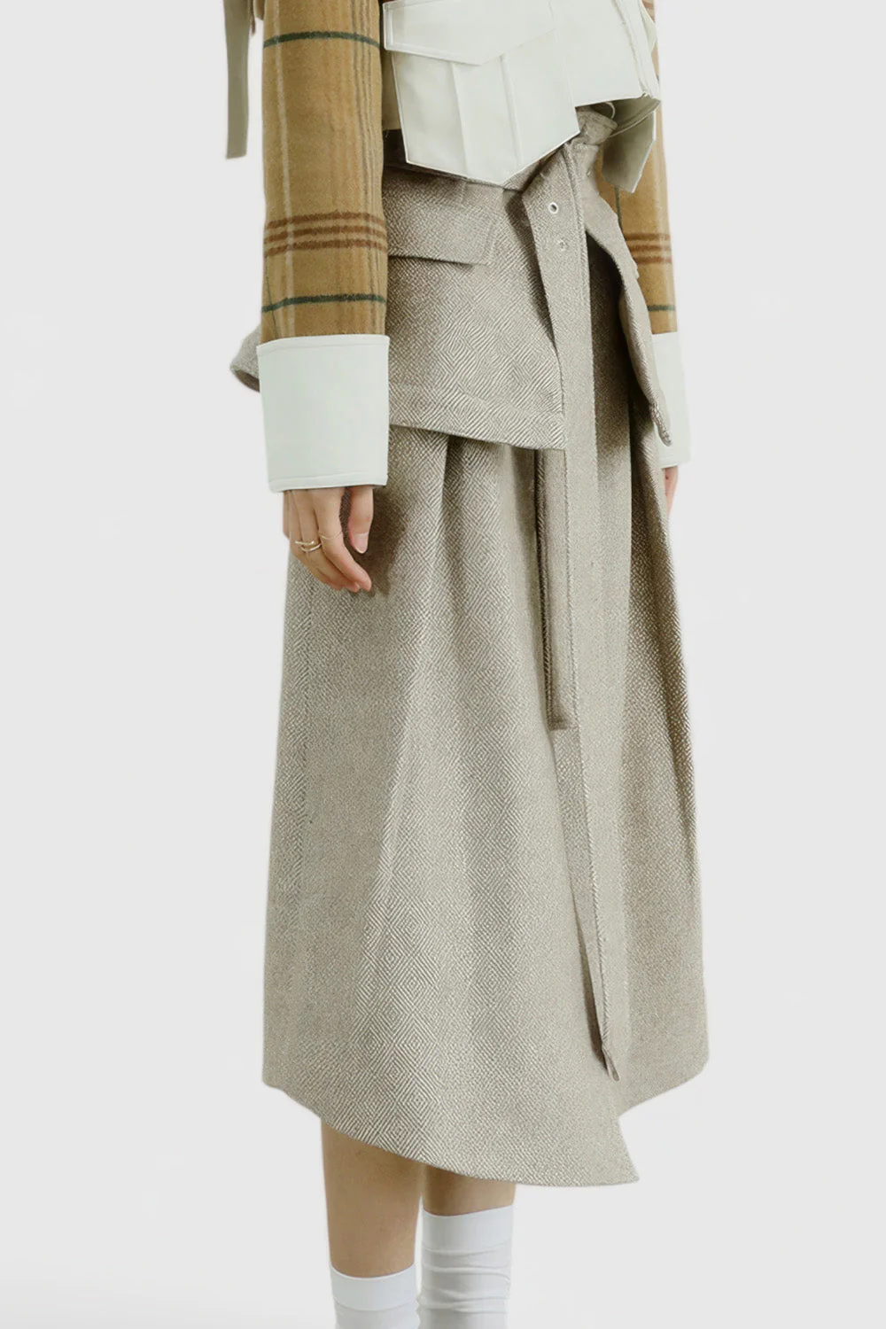 High Waisted Midi Skirt with Belt and Pockets - Beige - Image 2