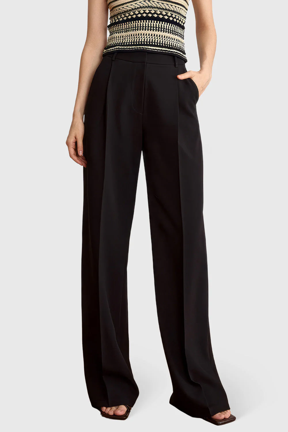 High Waisted Trousers with Topstitching - Black - Image 3