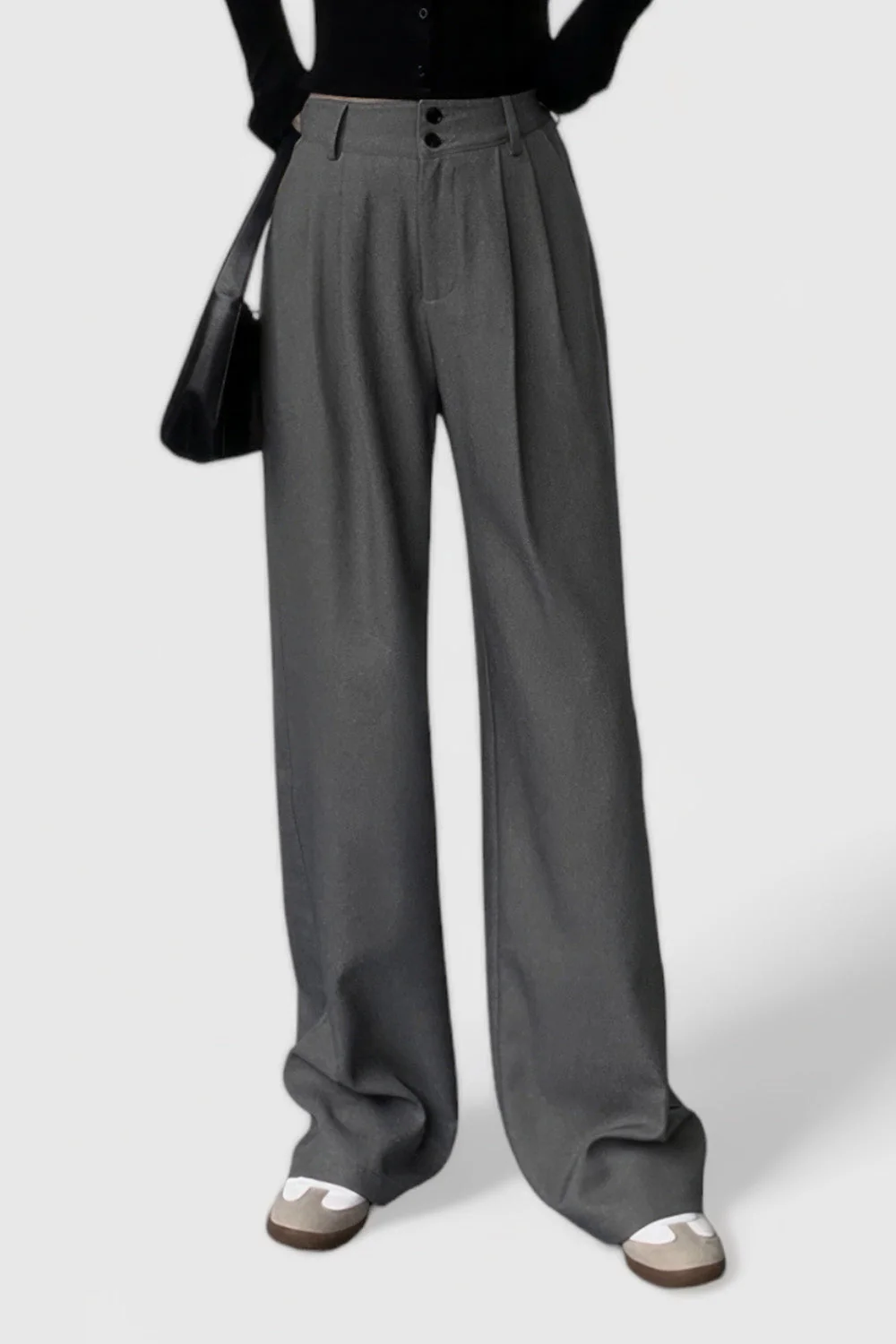 High Waisted Trousers with Two Buttons - Grey - Image 3