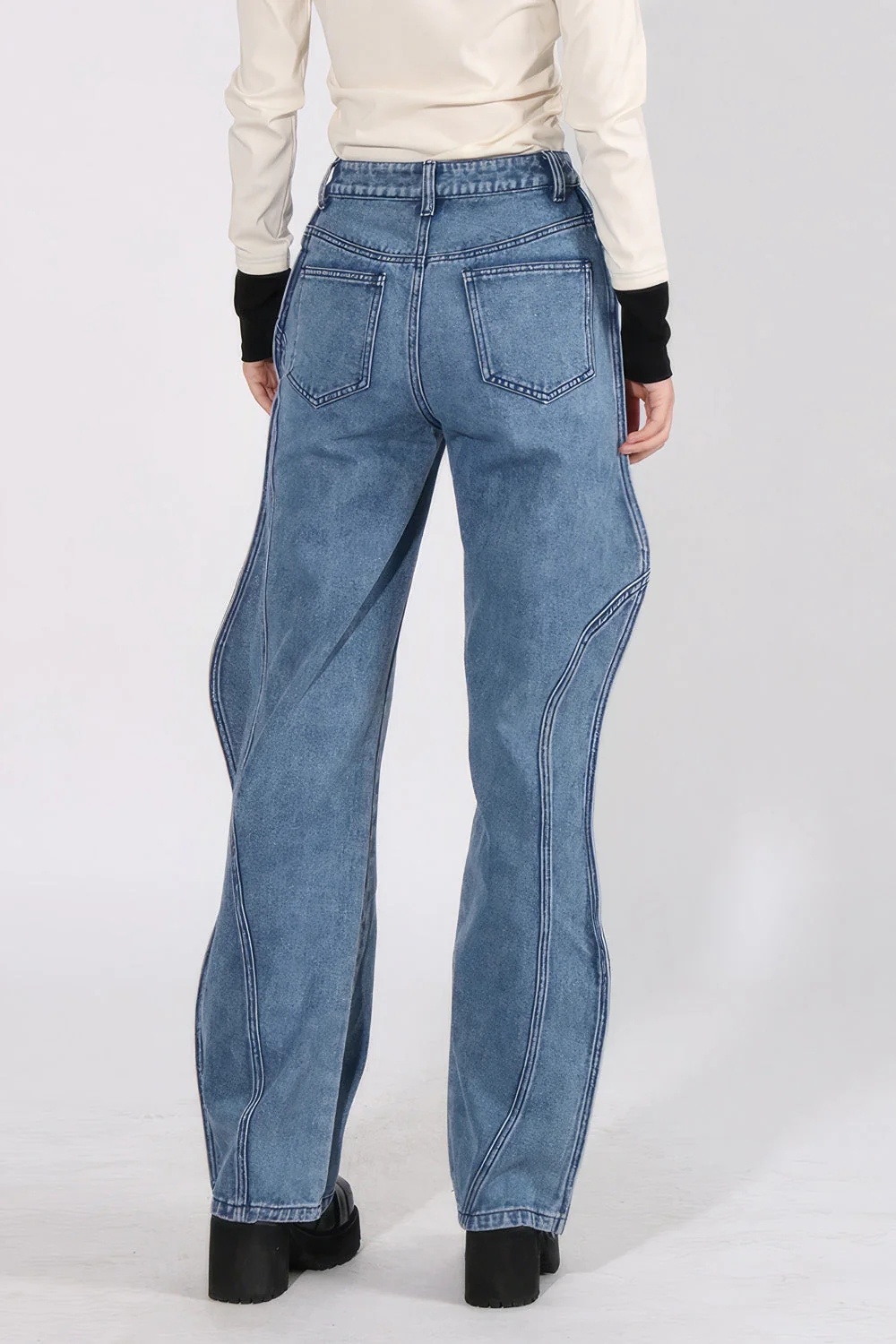 High Waisted Wavy Jeans - Blue - Image 3