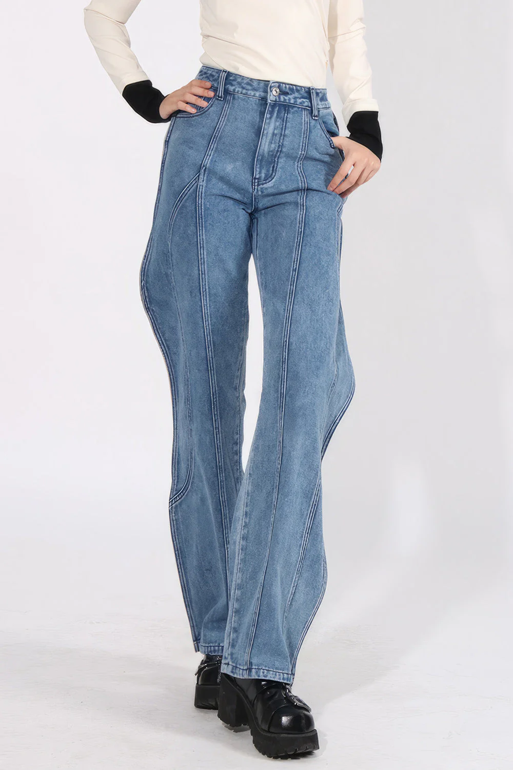 High Waisted Wavy Jeans - Blue - Image 4