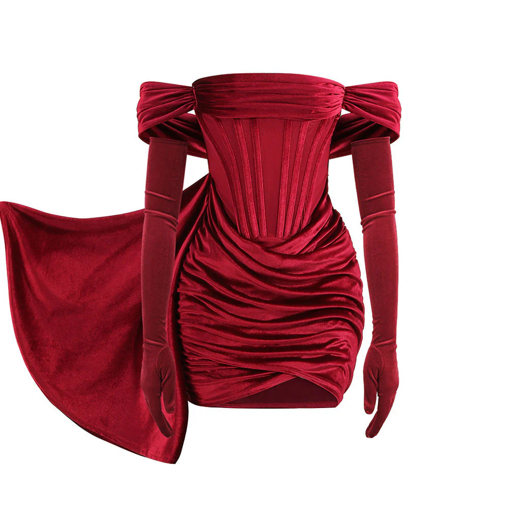 Holiday Off Shoulder Cowl Neck Corset Cocktail Mini Dress - Burgundy - Image 3