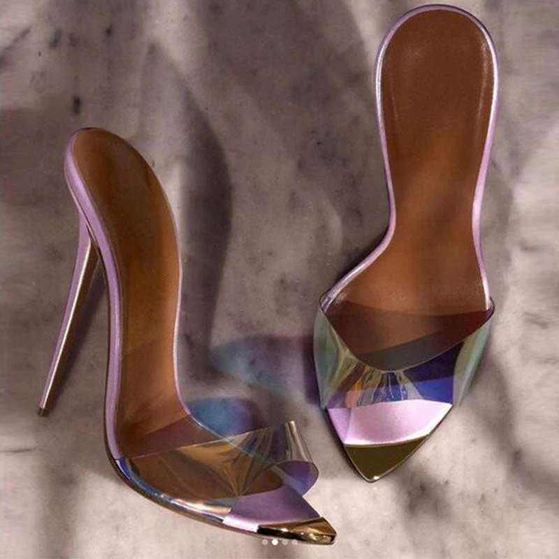 Holographic Clear PVC Open Pointed Toe High Heel Mules - Purple - Image 2