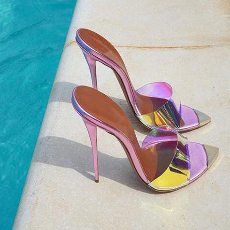 Holographic Clear PVC Open Pointed Toe High Heel Mules - Purple - Image 3