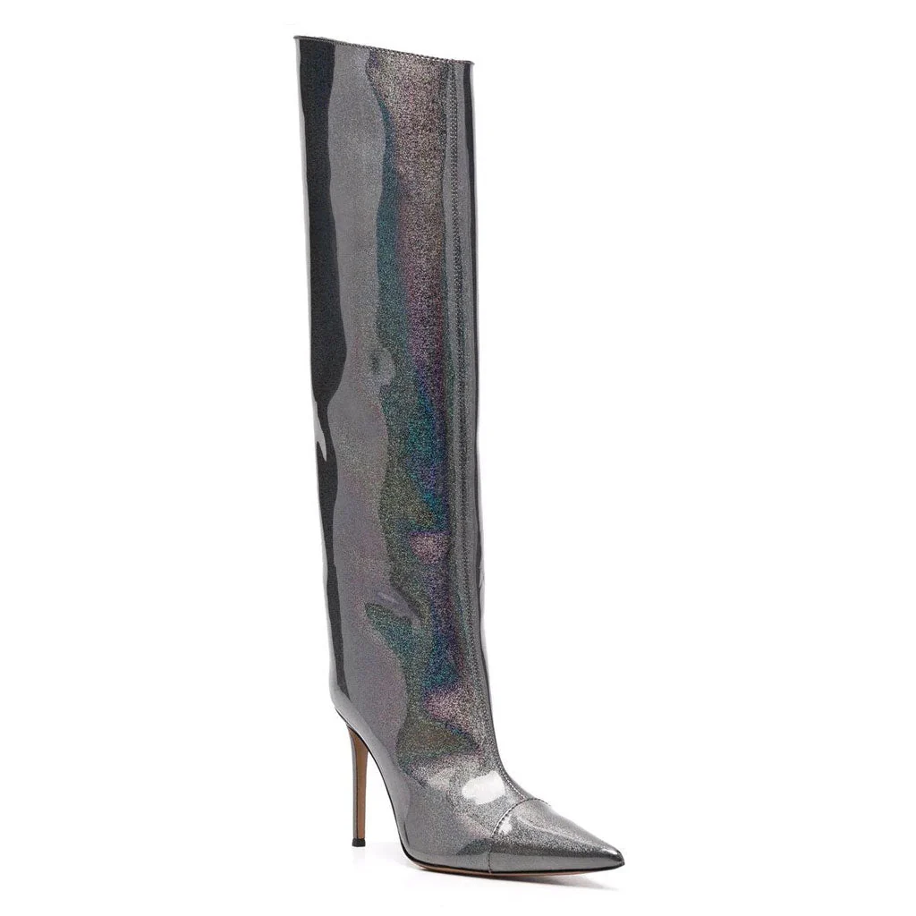Holographic Glitter Knee High Pointed Toe Stiletto Boots - Dark Gray - Image 2