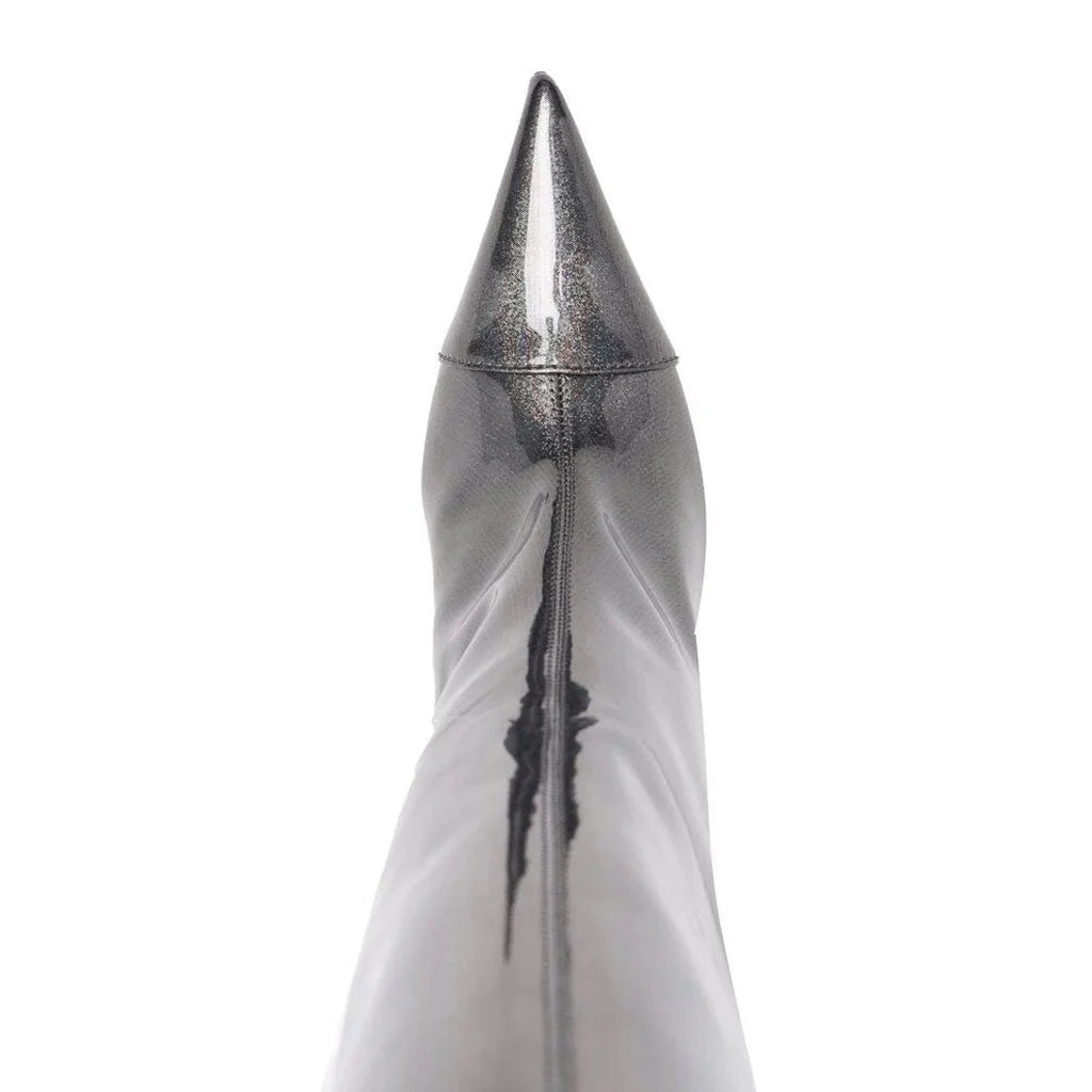 Holographic Glitter Knee High Pointed Toe Stiletto Boots - Dark Gray - Image 3