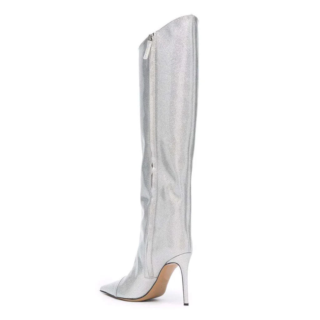 Holographic Glitter Knee High Pointed Toe Stiletto Boots - Light Gray - Image 2