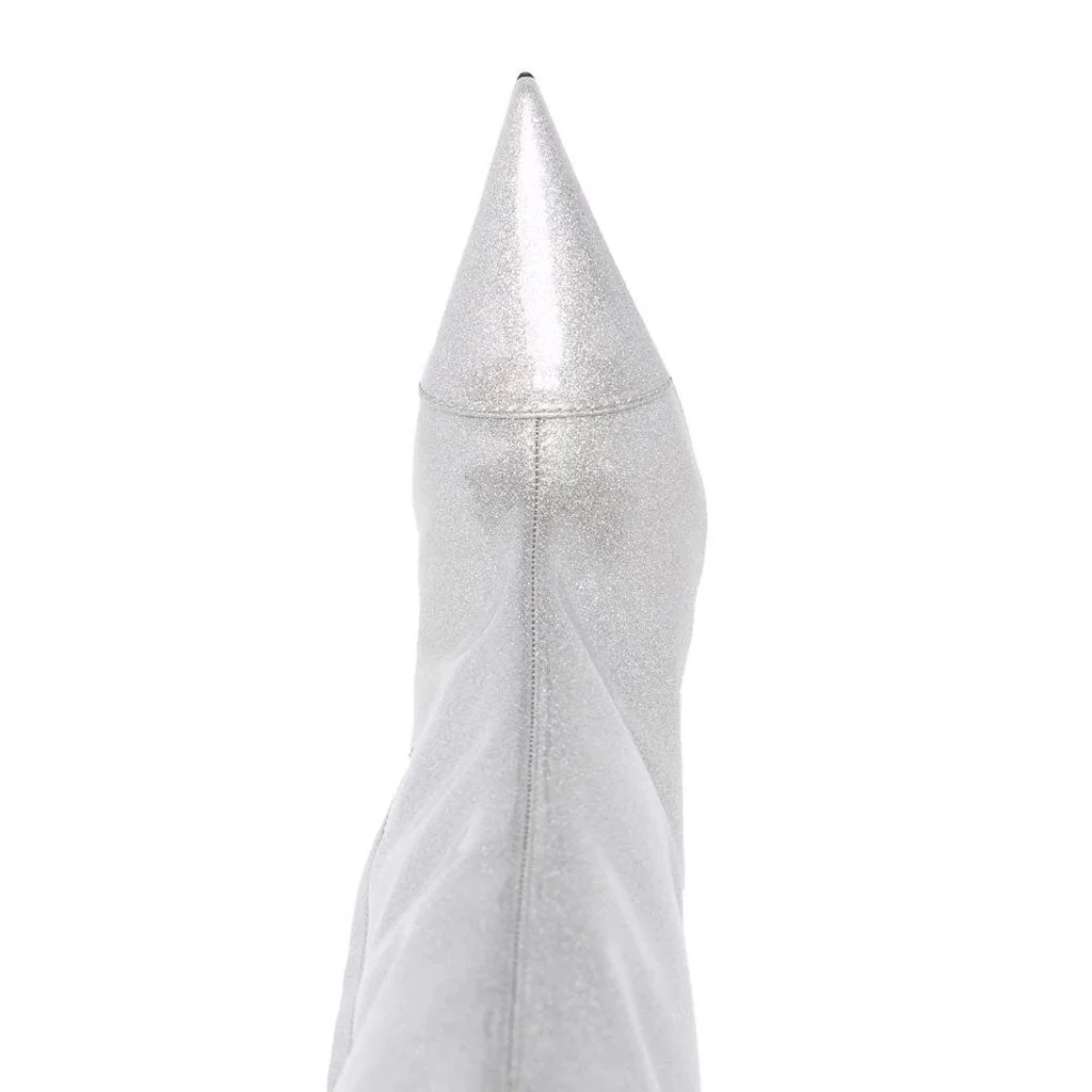 Holographic Glitter Knee High Pointed Toe Stiletto Boots - Light Gray - Image 3