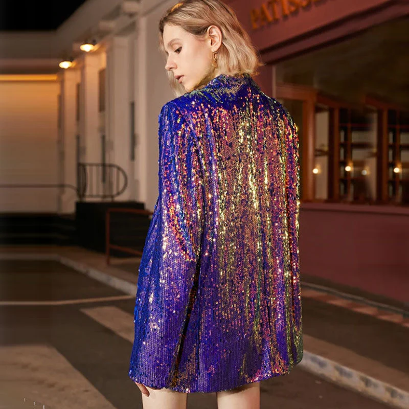 Holographic Lapel Collar Single Breasted Long Sequin Blazer - Purple - Image 2