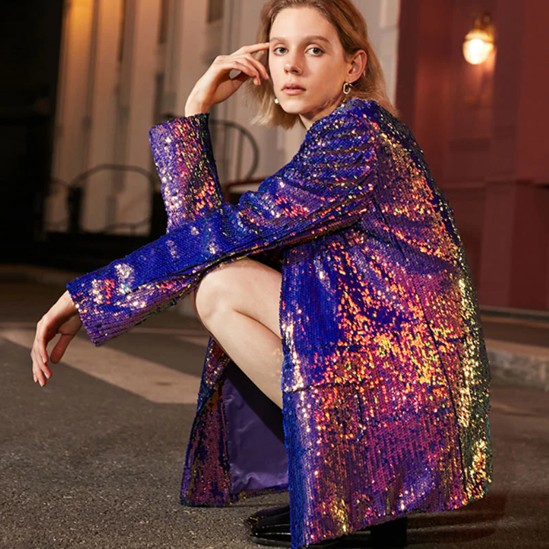 Holographic Lapel Collar Single Breasted Long Sequin Blazer - Purple - Image 3