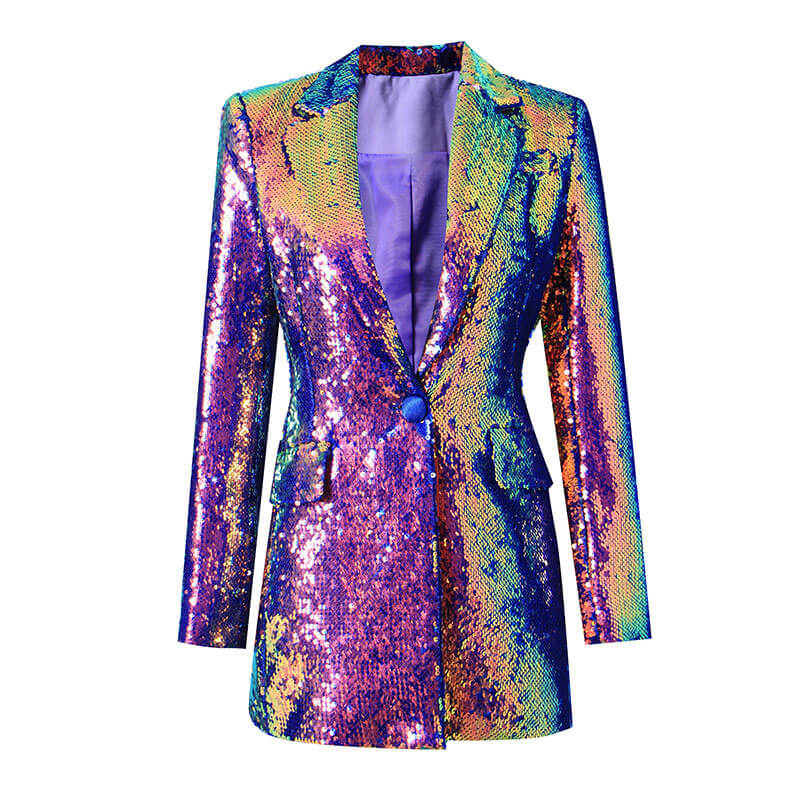 Holographic Lapel Collar Single Breasted Long Sequin Blazer - Purple - Image 5