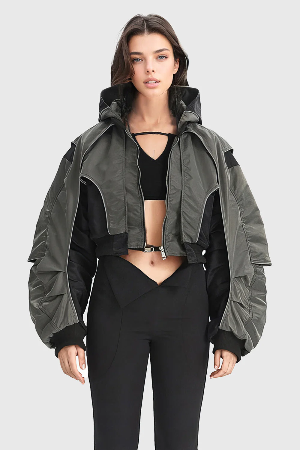 Hooded Cropped Jacket - Dark Grey - Image 2