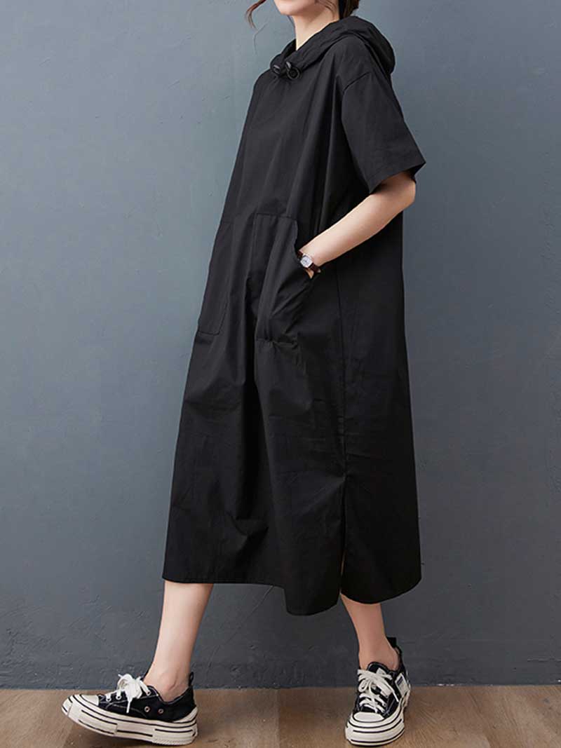 Hooded Plain Double Side Pocket Mid Dress - Image 3
