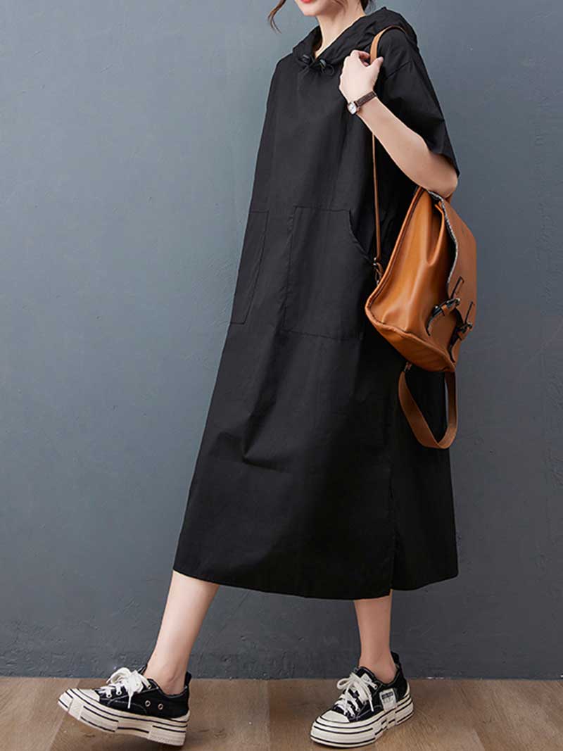 Hooded Plain Double Side Pocket Mid Dress - Image 5