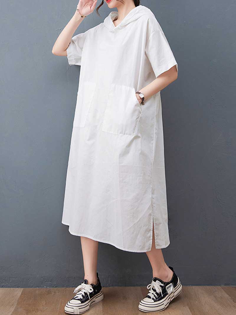 Hooded Plain Double Side Pocket Mid Dress - Image 6