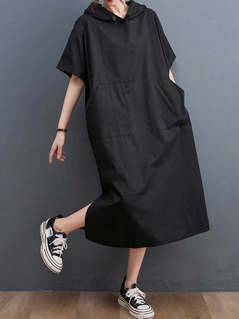 Hooded Plain Double Side Pocket Mid Dress - Image 7