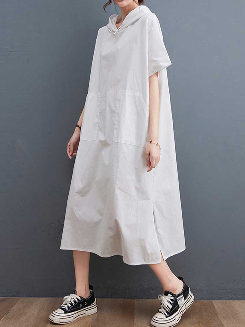 Hooded Plain Double Side Pocket Mid Dress - Image 8