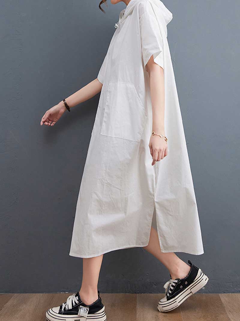 Hooded Plain Double Side Pocket Mid Dress - Image 9