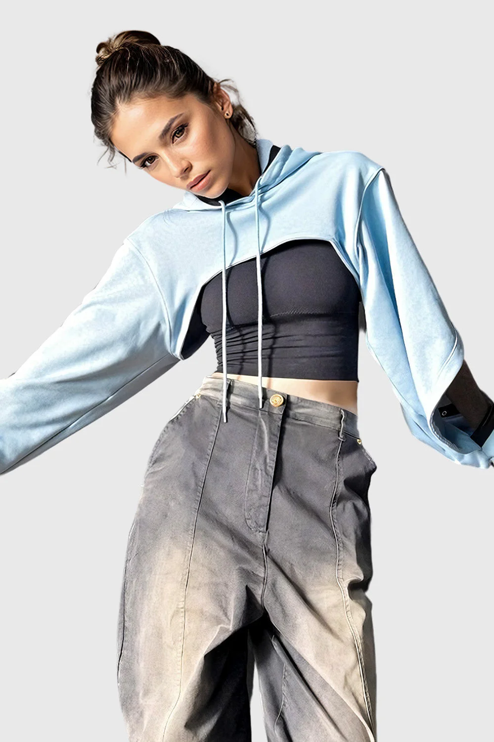 Hooded Sweatshirt with Cut Sleeves - Light Blue - Image 2