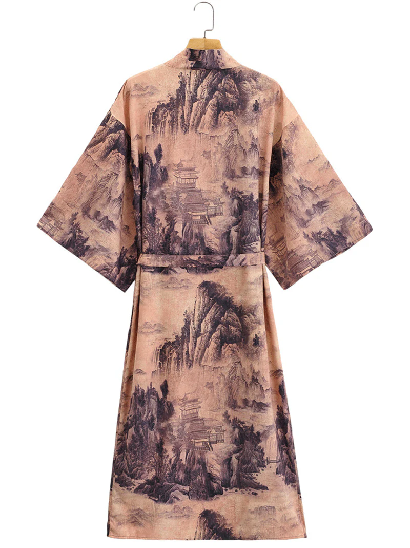 Tie-Dye Print Coffee Color Polyester Long Length Gown Kimono Duster Robe - Image 2