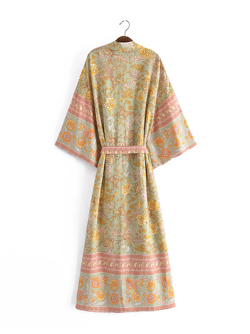 Long Length Beachwear Floral Print Yellow Color Cotton Gown Kimono - Image 2