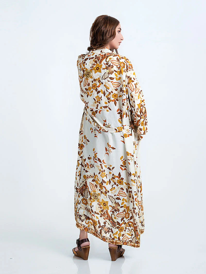 Beachwear & Partywear Floral Print Beige Color Cotton Long Length Gown Kimono Duster Robe - Image 2