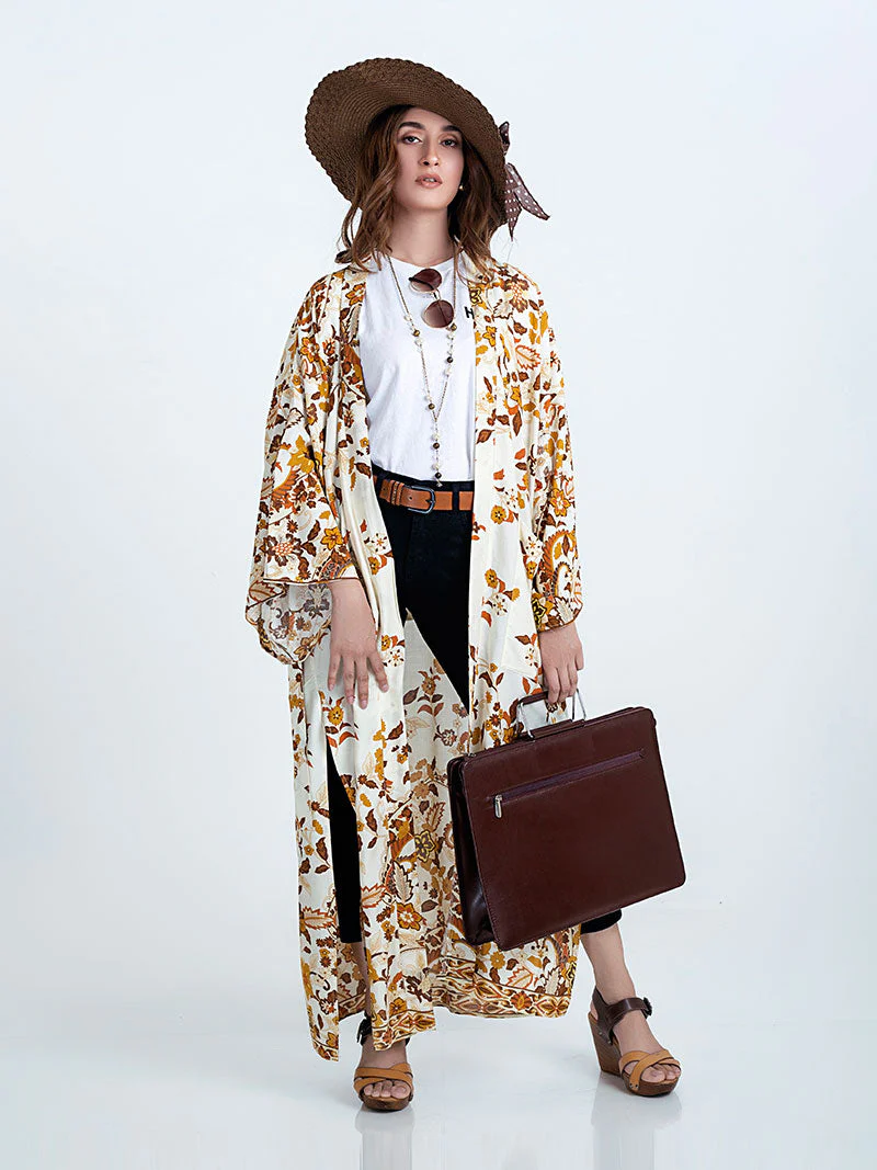 Beachwear & Partywear Floral Print Beige Color Cotton Long Length Gown Kimono Duster Robe - Image 3
