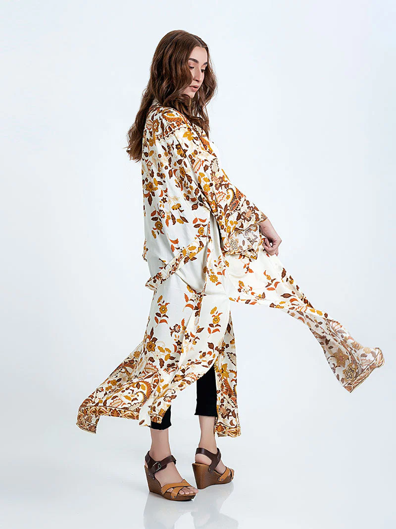 Beachwear & Partywear Floral Print Beige Color Cotton Long Length Gown Kimono Duster Robe - Image 4
