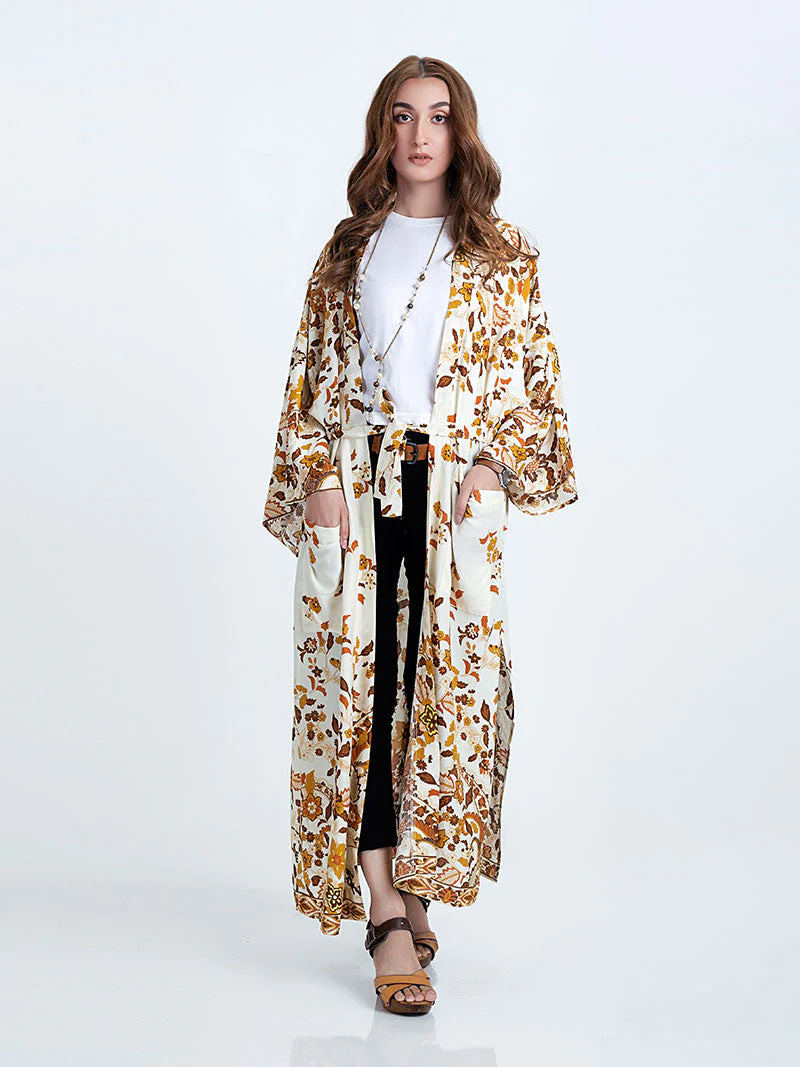 Beachwear & Partywear Floral Print Beige Color Cotton Long Length Gown Kimono Duster Robe - Image 5