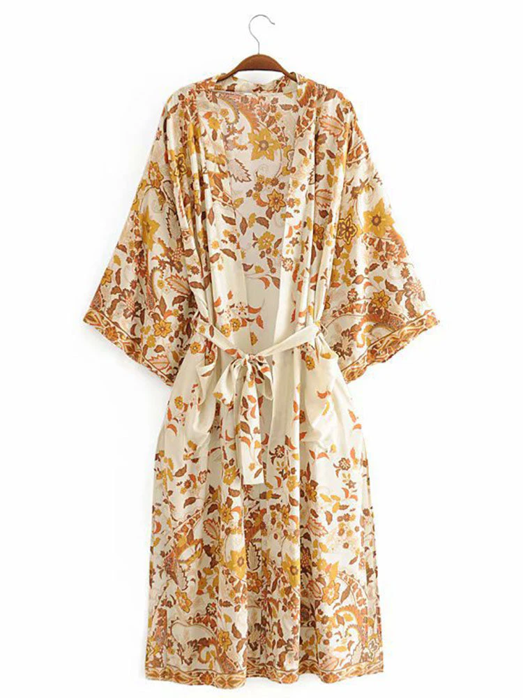 Beachwear & Partywear Floral Print Beige Color Cotton Long Length Gown Kimono Duster Robe - Image 6