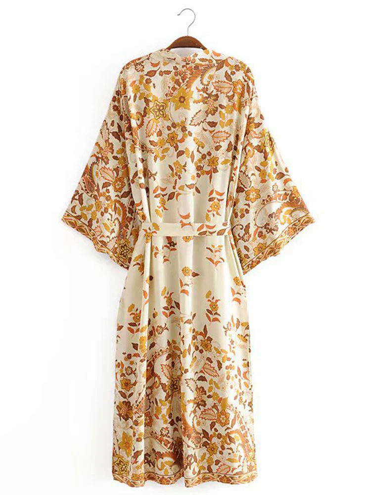 Beachwear & Partywear Floral Print Beige Color Cotton Long Length Gown Kimono Duster Robe - Image 7