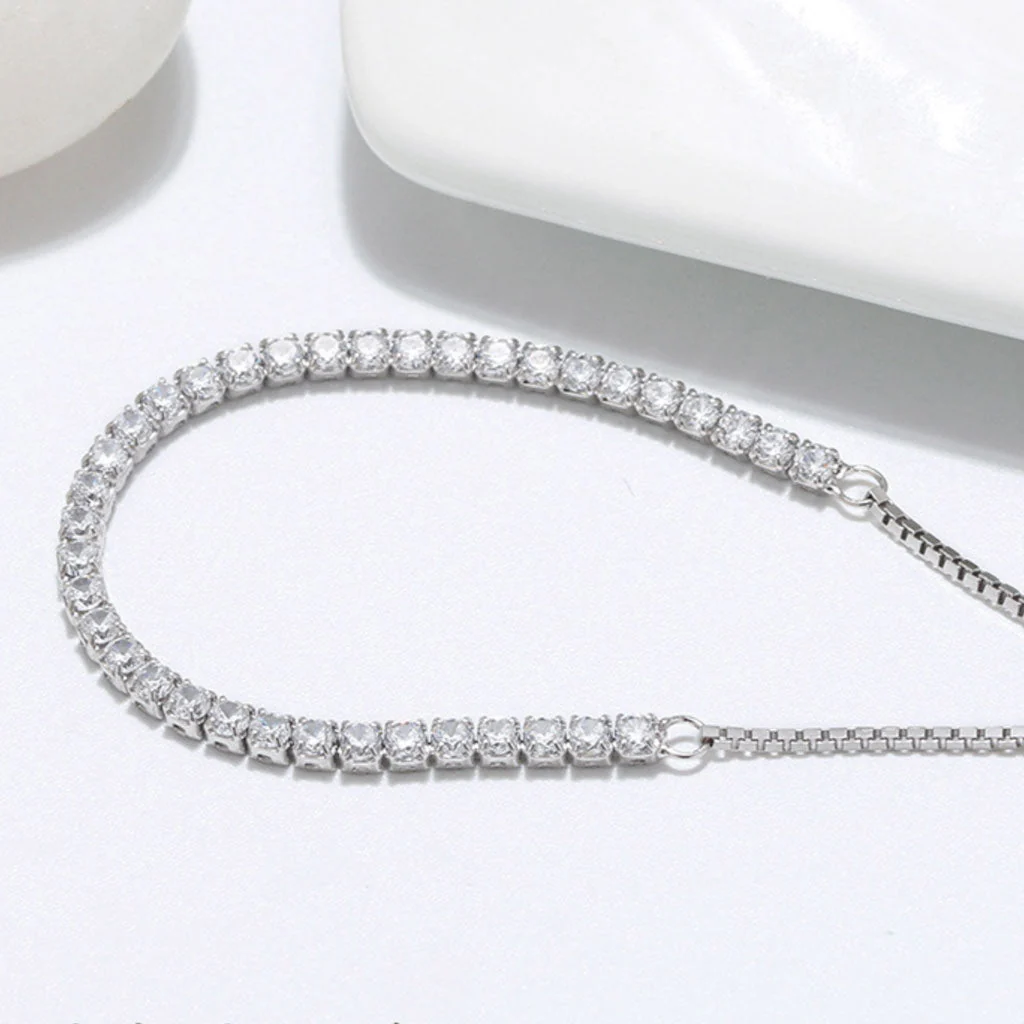 Iced Out Cubic Zirconia Sterling Silver Box Chain Slider Tennis Bracelet - Image 3